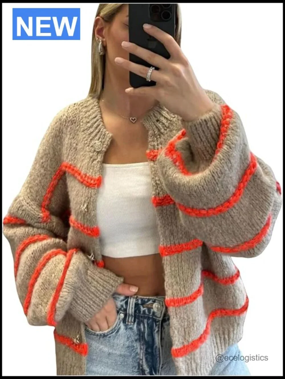 Women's Striped Cardigan Sweater Long Sleeve Button Down Knit Oversized